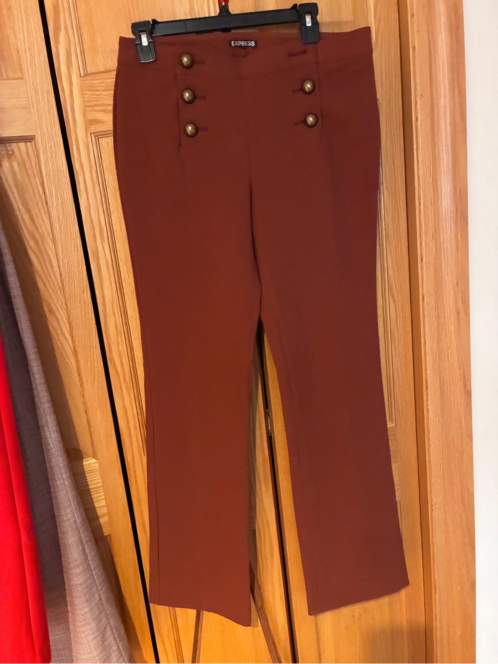 Express Women's Rust Brown Bootcut Pants with Decorative Buttons